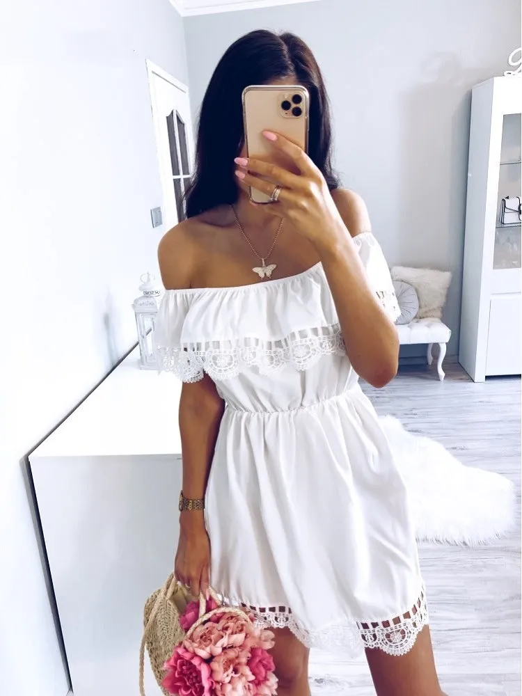 Fashion Women Elegant Vintage sweet lace white Dress Stylish Sexy Slash Neck Casual Slim Beach Summer Sundress Female vestidos
