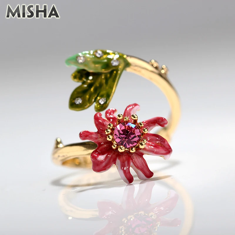 MISHA женские открытые кольца гранат цветок форма эмаль глазурь имитация