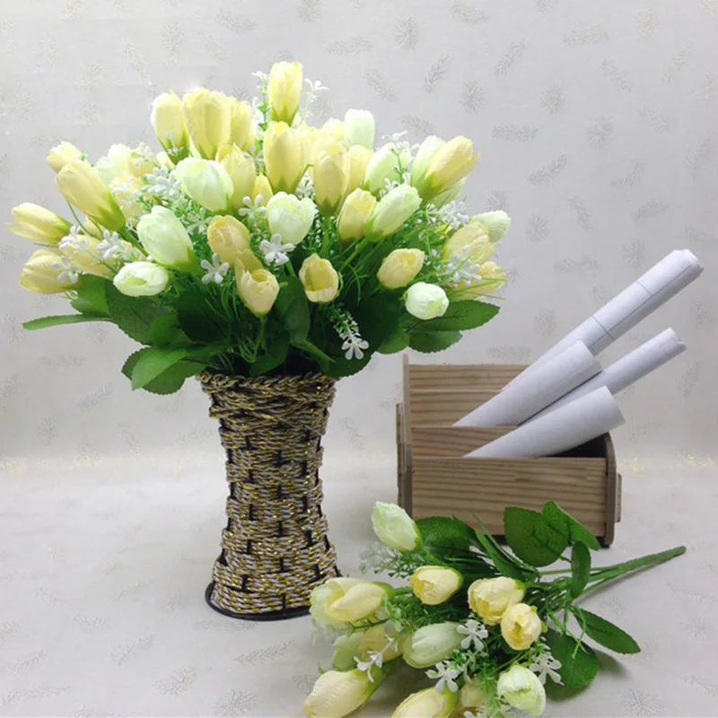 15 шелковых тюльпанов букет зеленые листья для украшения дома и свадьбы | Дом сад