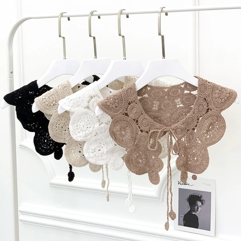 

Vintage Crochet Knit Shawl Wrap Scarf Circle Pattern Solid Color Decorative Fake Collar Necklace Lace-Up Mini Jacket