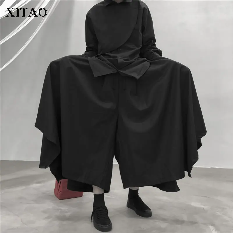 Женские универсальные широкие брюки XITAO черные свободные с поясом на резинке