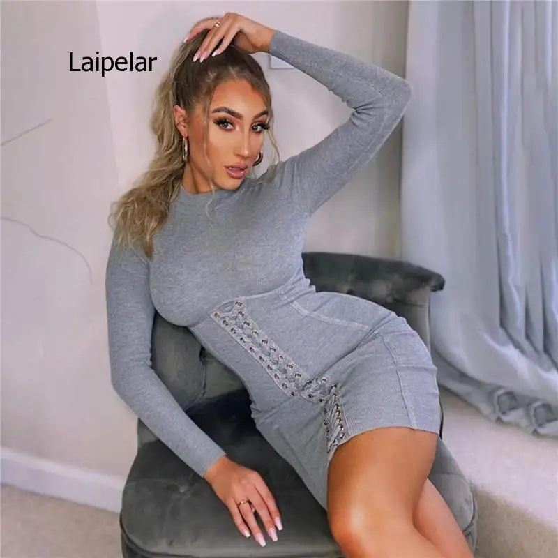 

Long Sleeve Lace Up Mini Dresses Knitting Club Party Dress Elegant Bodycon Dress Autumn Mock Neck Casual