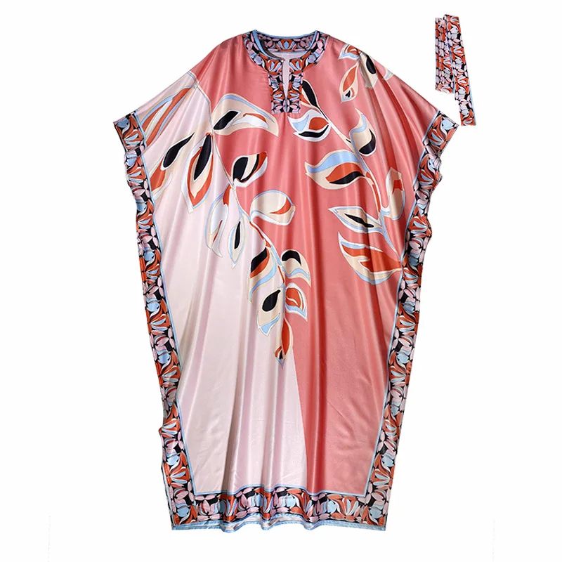 

Temperament Printed Dress Women's Clothing 2021 Summer New Batwing Long Sleeve Loose Lace-up Waist-Tight Robe