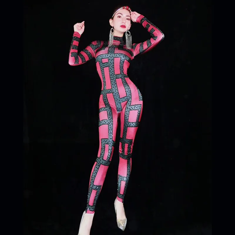 Sexy Geometry Pattern Rhinestone Jumpsuit Women Nightclub Party Elastic Skinny Bodysuit Lady Dancer Leotard DJ Singer Mv Costume