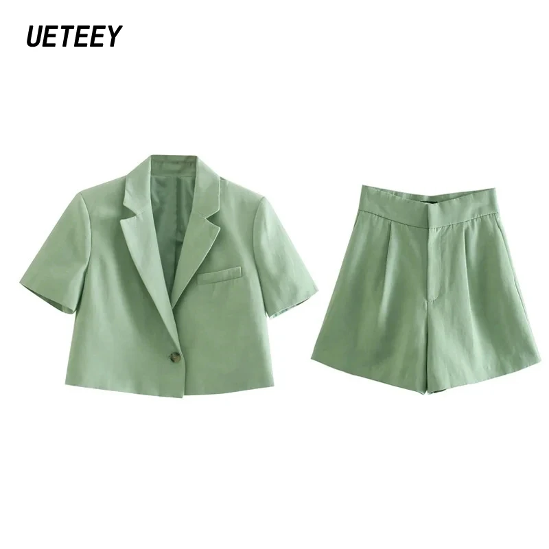 

Summer Women's Blazers Sets Green Short Sleeves Suits Female Solid Two Piece Cropped Tops Office Ladies Workwear Outfot Za Chic