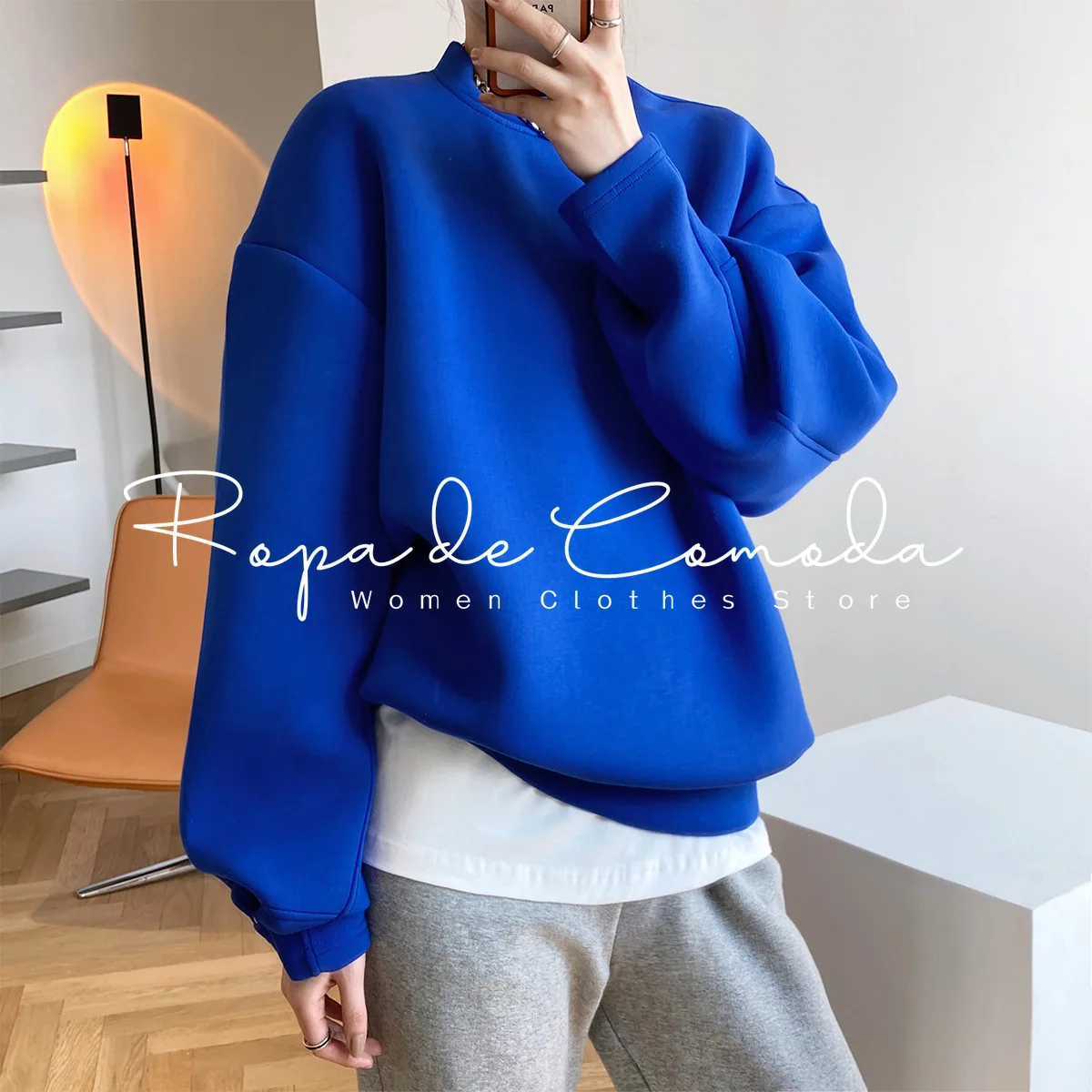 Женские хлопковые пуловеры в стиле оверсайз, однотонные пуловеры в Корейском стиле, голубого цвета, весна-осень 2022
