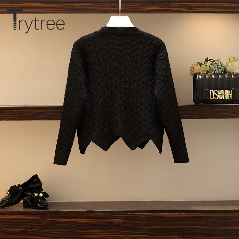 Trytree Autumn Winter Two piece set Casual O-neck Single Breasted Belt Top+ Skirt Elastic Waist Fashion Set 2 Piece Set