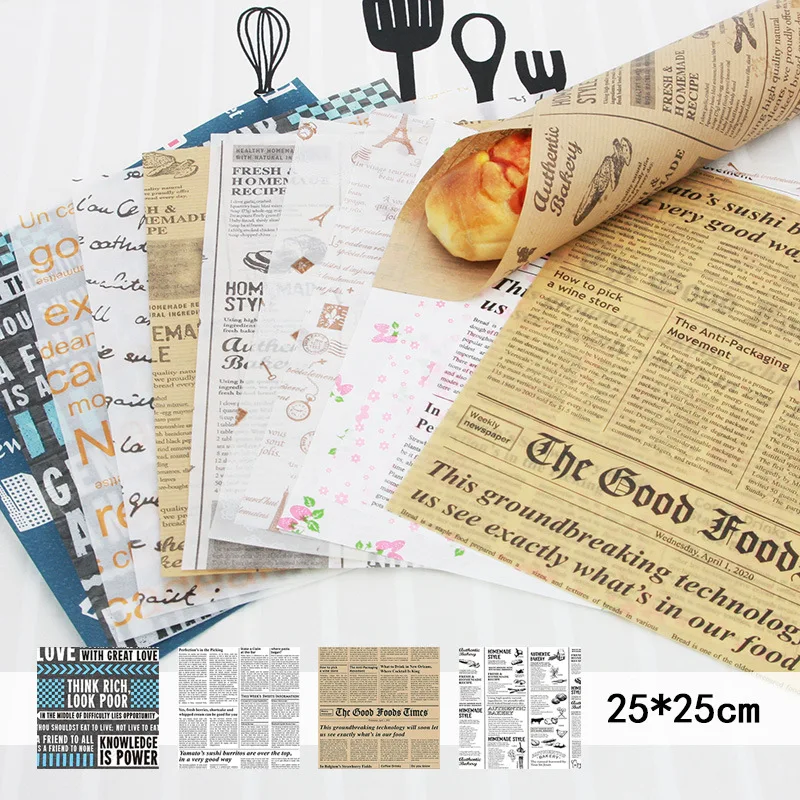 

50 Pcs/set Retro Newspaper Style Wax Paper Oilpaper Food Wrappers Paper for Bread Burger Fries Non-stick Oilpaper Cake Decors