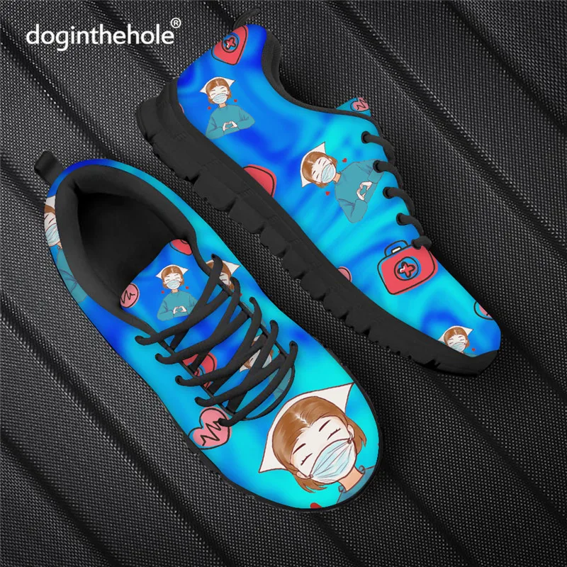 

Doginthehole Blue Lace-up Sneaker for Women Cute Cartoon Nurse Print Medical Design Flat Shoes Casual Winter Footwear Mujer