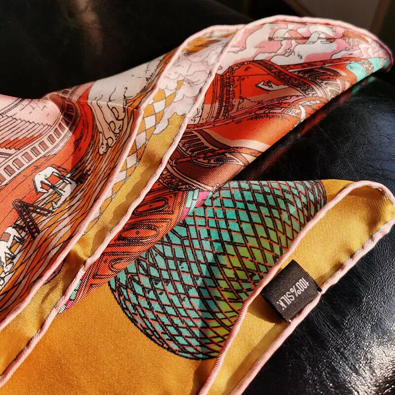

Luxury 100% Twill Silk Scarf Bandana Women Fashion Designer Horse Castle Print Shawl Hijab Hand Rolled Kerchief Stole 35"*35"