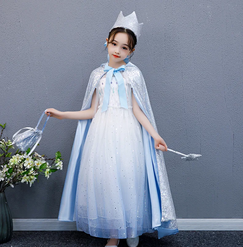 

Frozen 2 Costume for Girls Princess Elsa Dress White Sequined Mesh Ball Gown Snow Queen Cosplay Halloween Birthday Party Clothes