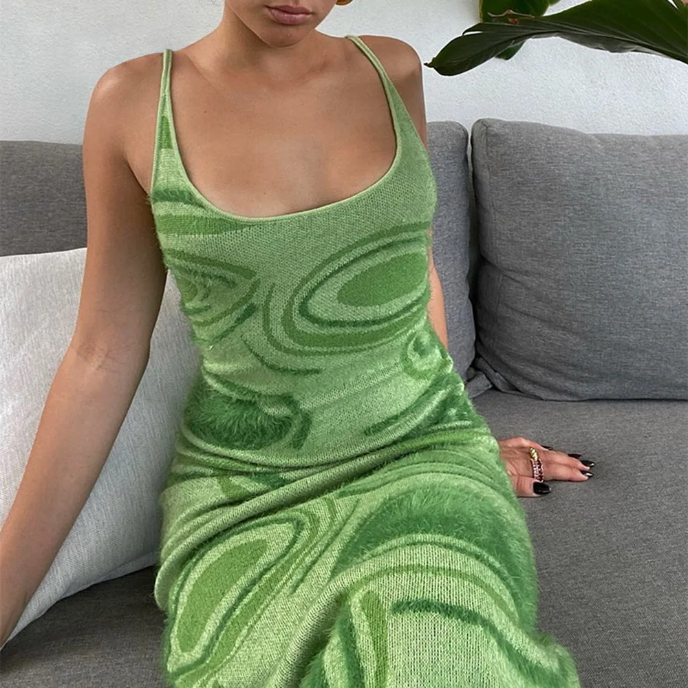 

2021 Fashion Print Knit Bodycon Dress Women Green Y2K Summer Hollow Out Sexy Sleeveless Spaghetti Strap Beach Midi Dresses Party