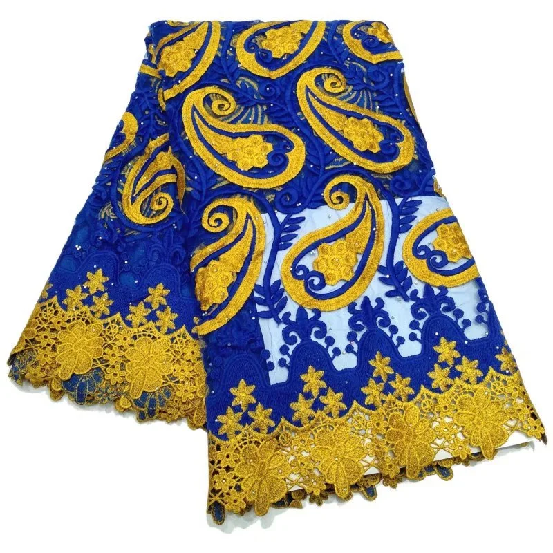 

Royal blue/Yellow Hot Sale African Cord Lace Tulle Fabric High Quality Water Soluble Nigerian Guipure Cord Lace For Wedding