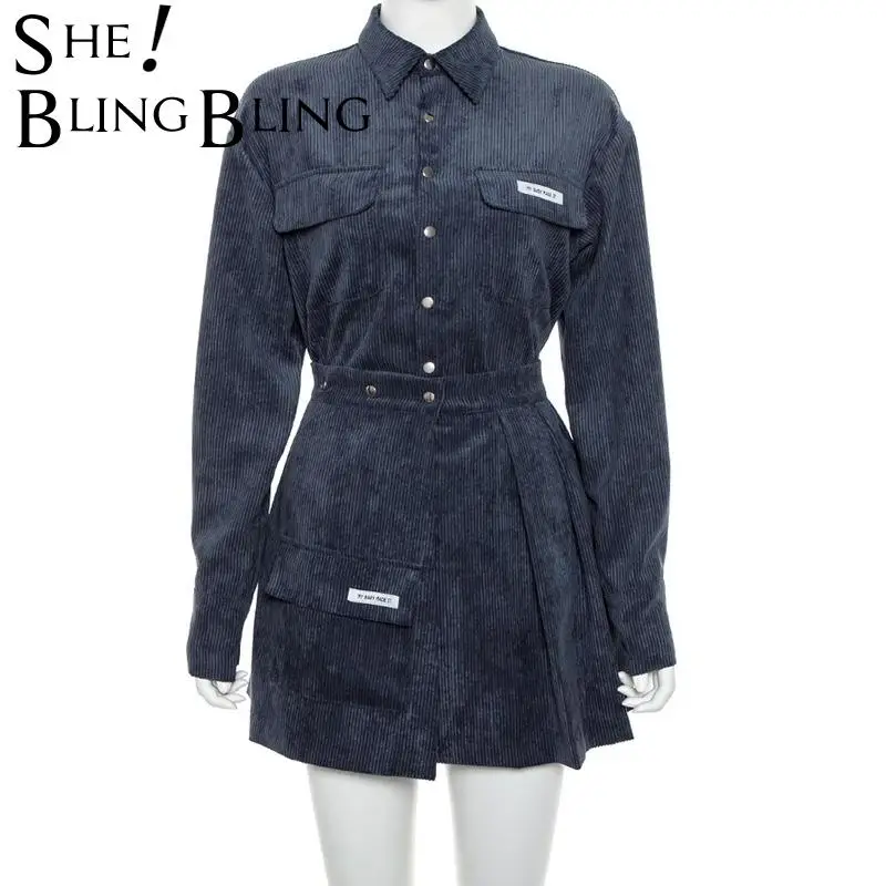 Модная женская джинсовая юбка SheBlingBling в рубчик Осень Зима Повседневное пальто с