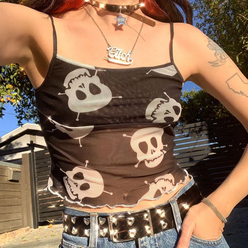 

Gothic Sexy Y2K Skulls Print Crop Top Woman Goth Dark Cartoon See Through Bodycon Mesh Camis Grunge Egirl Emo Summer Alt Clothes