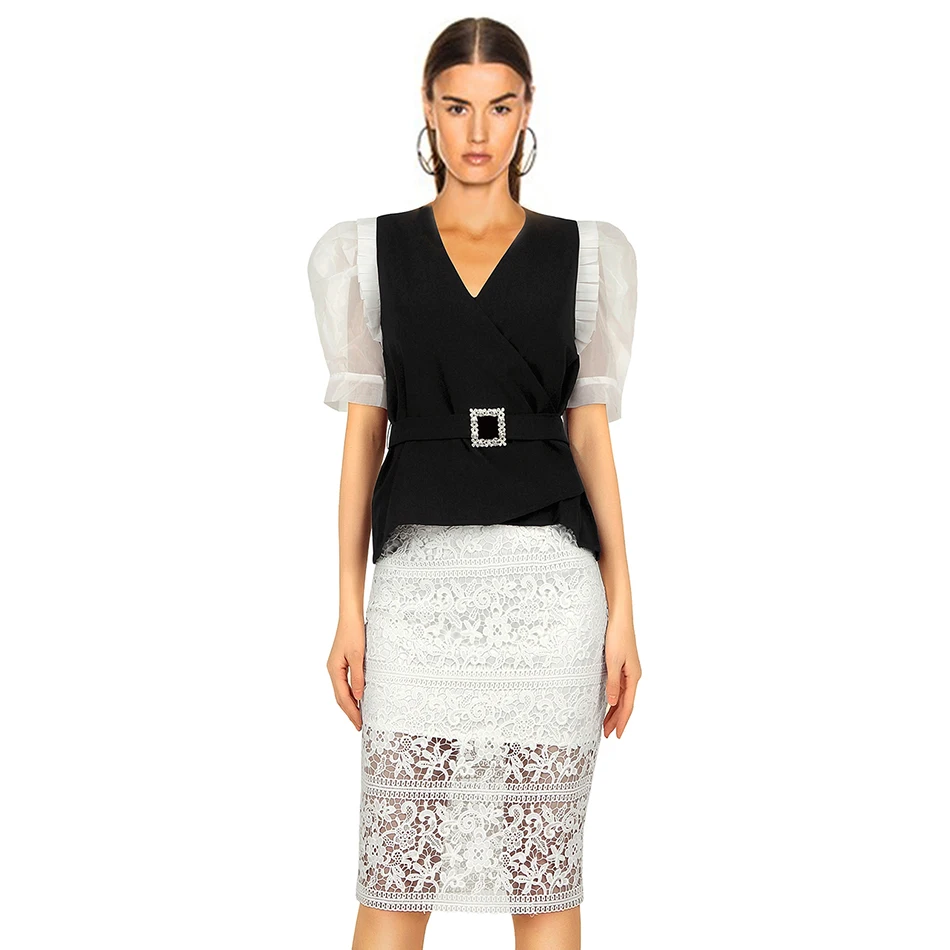 

Miss Water 2020 New Summer Women Elegant Sets Dress Sexy Lace V Neck Short Sleeve 2 Two Pieces Set Club Office Lady Sets Dress