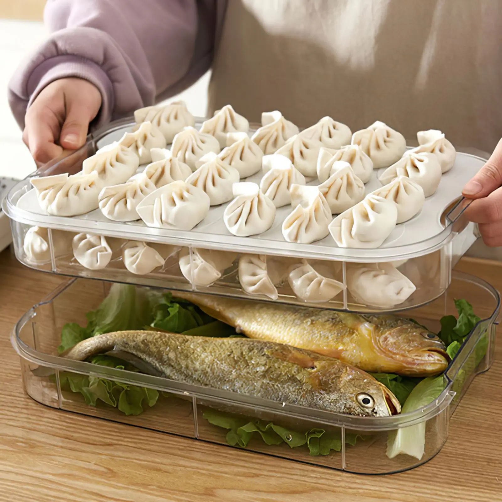 

Food Crisper White Plastic Fresh-keeping Box Seal Cover Double Layer Stacking Design Refrigerated Container Kitchen Refrigerator