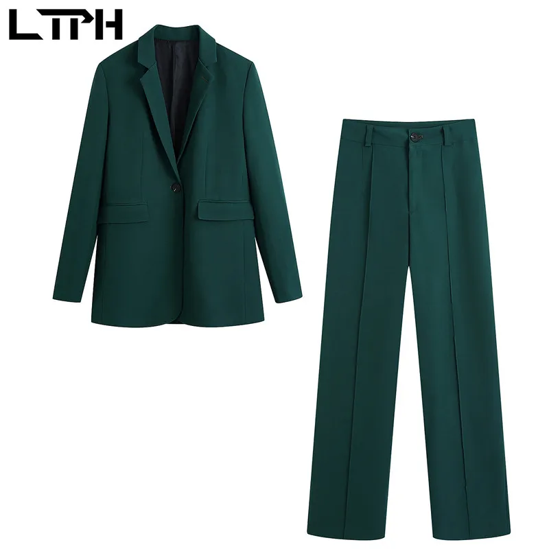 

LTPH vintage dark green Office Lady 2 Pieces Set Women Blazer high waist trousers Business Casual Sets Pant Suits 2021Spring New