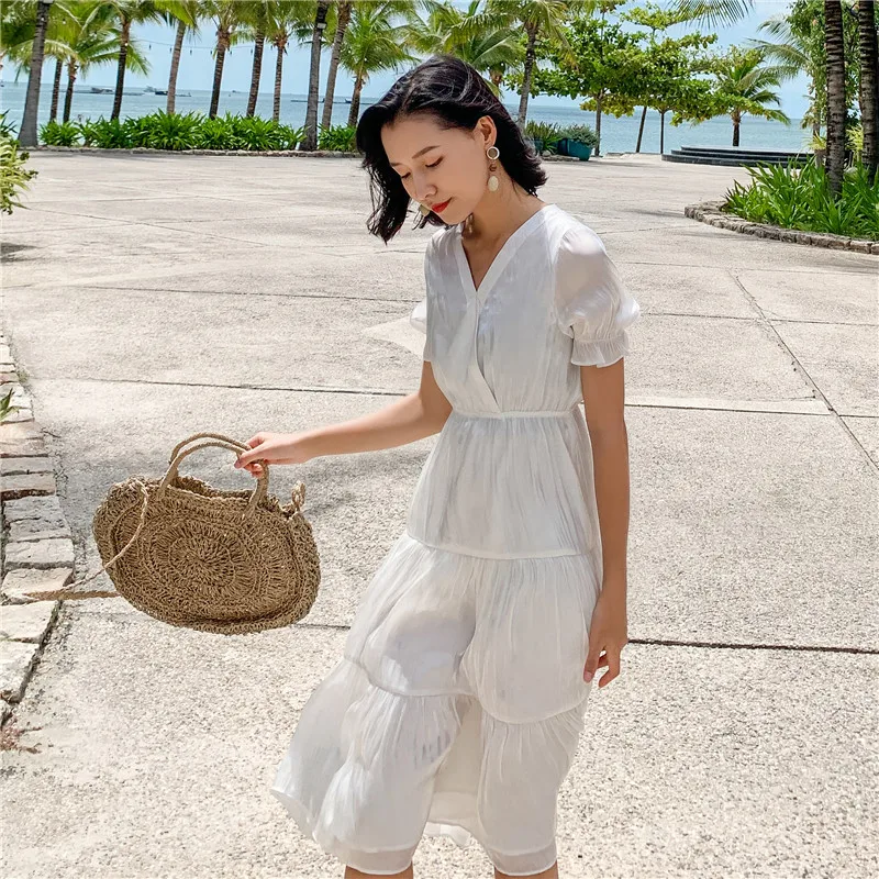 

Spring Autumn Plus Size Vintage Women Dresses Fashion V-neck Long Sleeve Ruffle Long Dress Female Beach Holiday Ladies Dresses