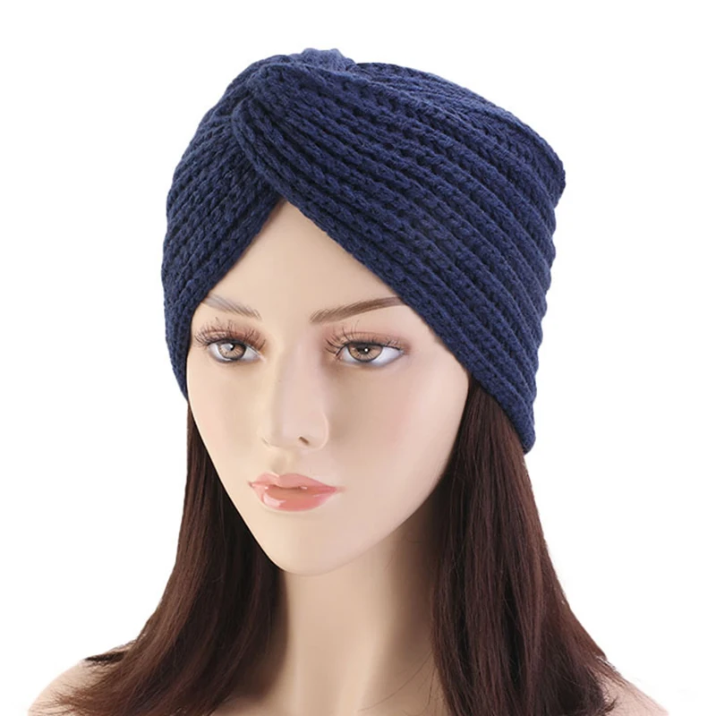 

Popular Women Turban Knot Headwrap Winter Woolen Turban Hat Cross Twisted Cap National Costume Hat