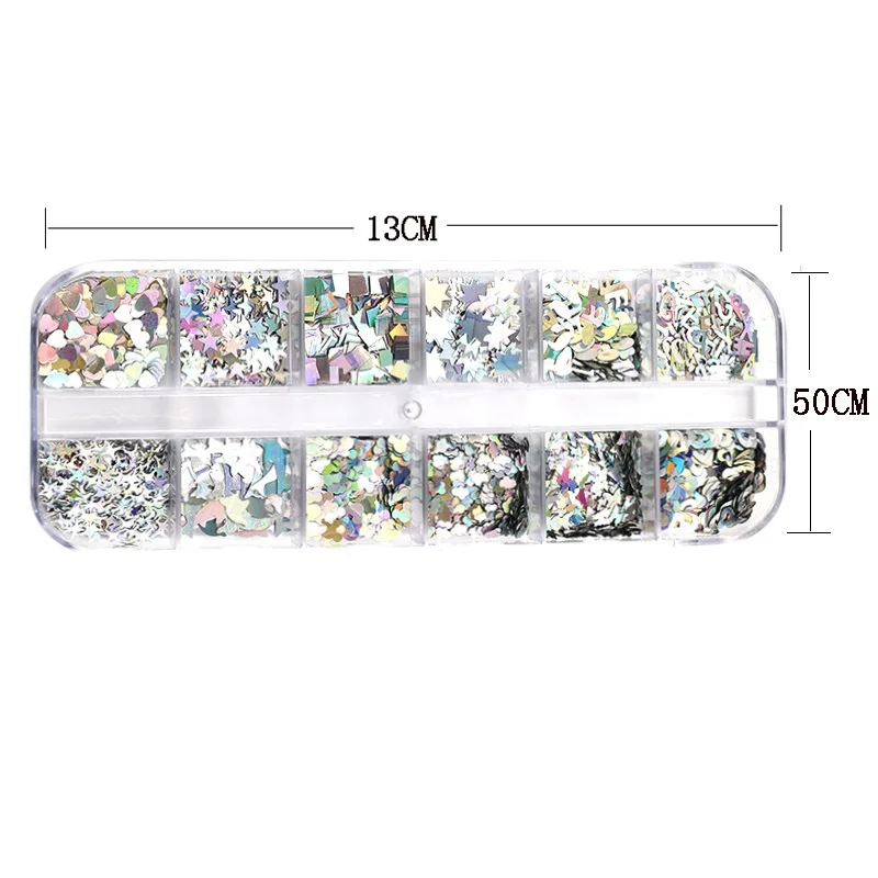 

12 Grids/set Nail Art Accessories Holographic Glitter Sequins Flakes Nail Decorations 2021 Fashion Star Heart Unicorn Nail Art
