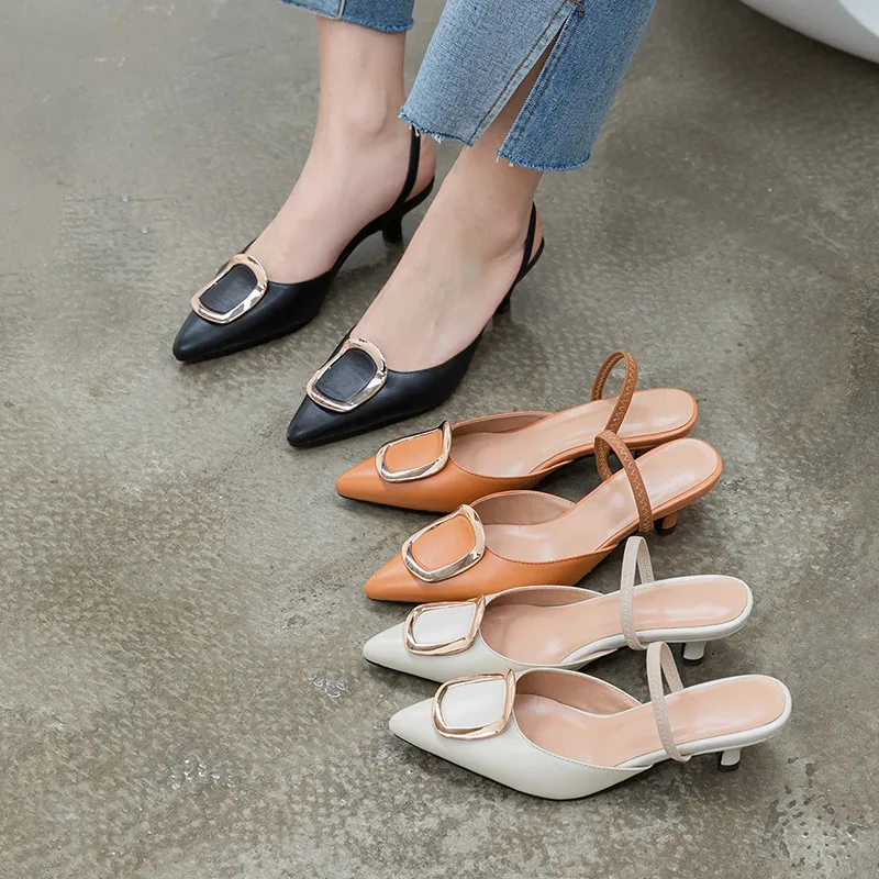

VERCONAS Women Pumps Genuine Leather Woman Sandals Summer Casual Shoes Metal Decoration Pointed Toe Thin hign Heels Shoes Woman