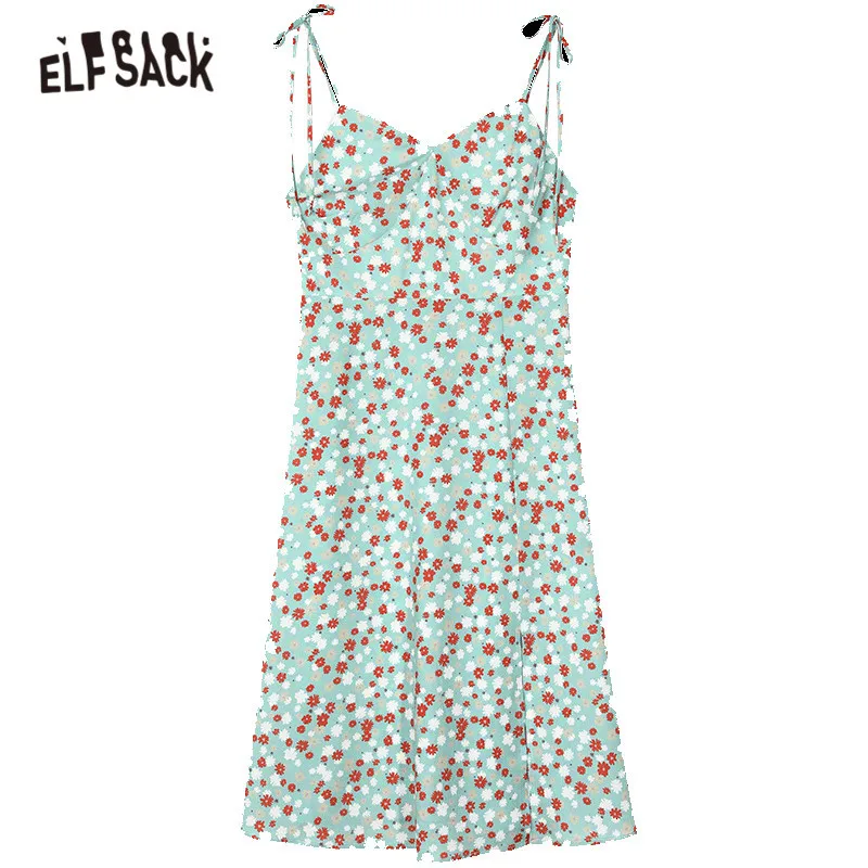 Женское платье с разрезом ELFSACK зеленое Повседневное платье-комбинация ромашками