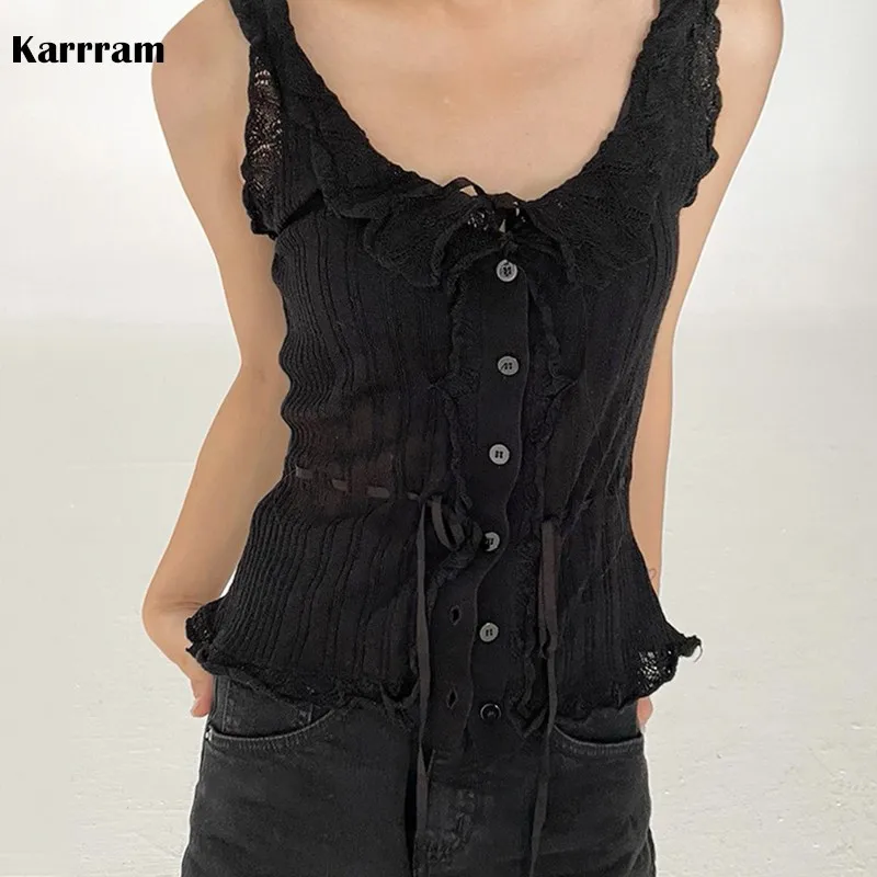 Karrram Casual Solid Vest For Women V Neck Sleeveless Patchwork Lace Up Bowknot Slim Tank Top Female Summer Fashion Stylish