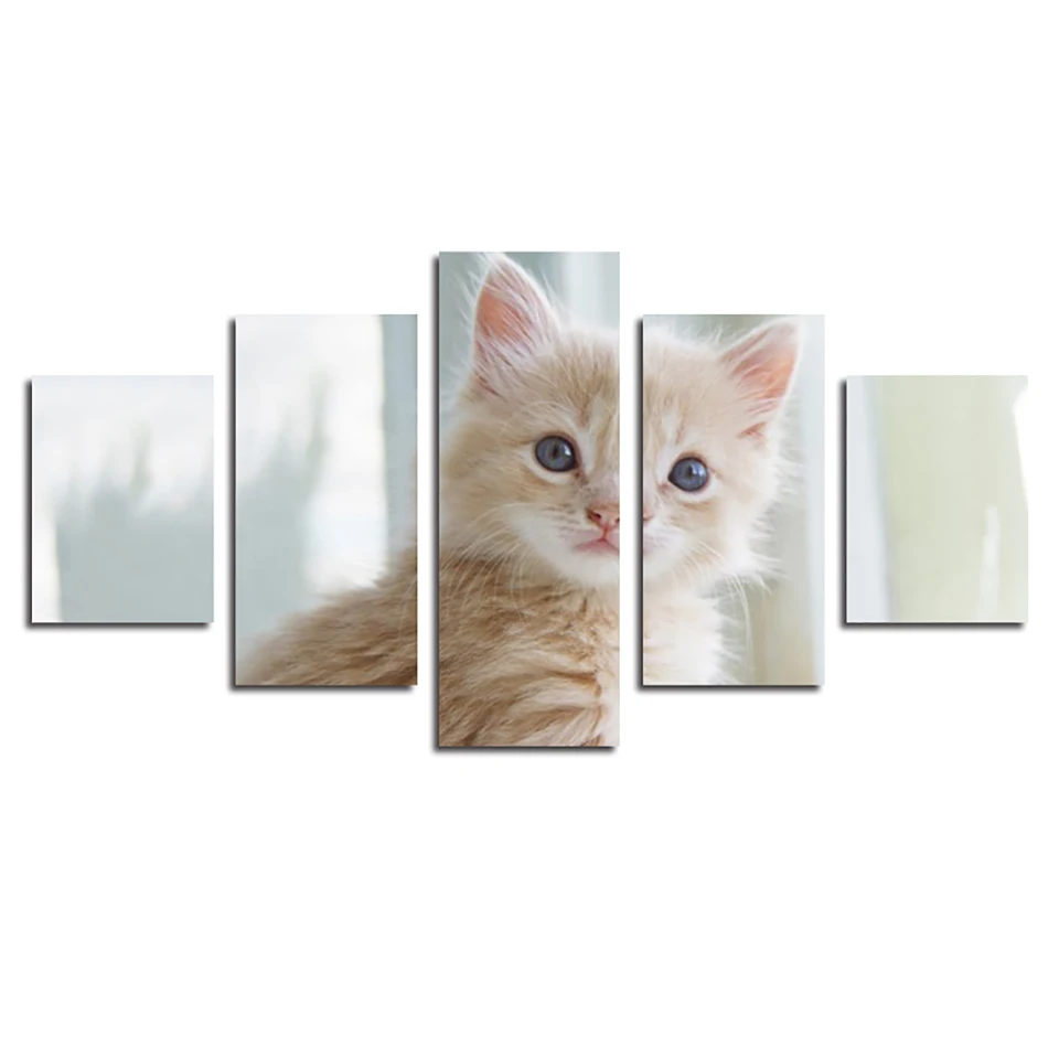 

Modern Canvas Living Room Home 5 Panel Animal Cute Cat Painting Artwork Modular Poster Framework HD Printed Decor