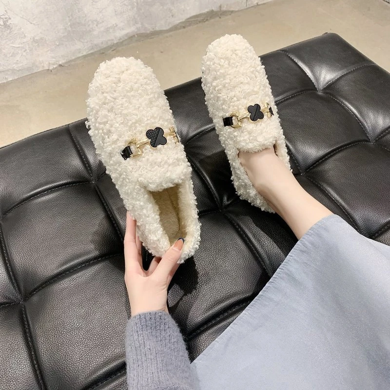 

Туфли женские кожаные с искусственным мехом, заостренный носок, плоская подошва, без застежки, Повседневная зимняя теплая плюшевая удобная ...