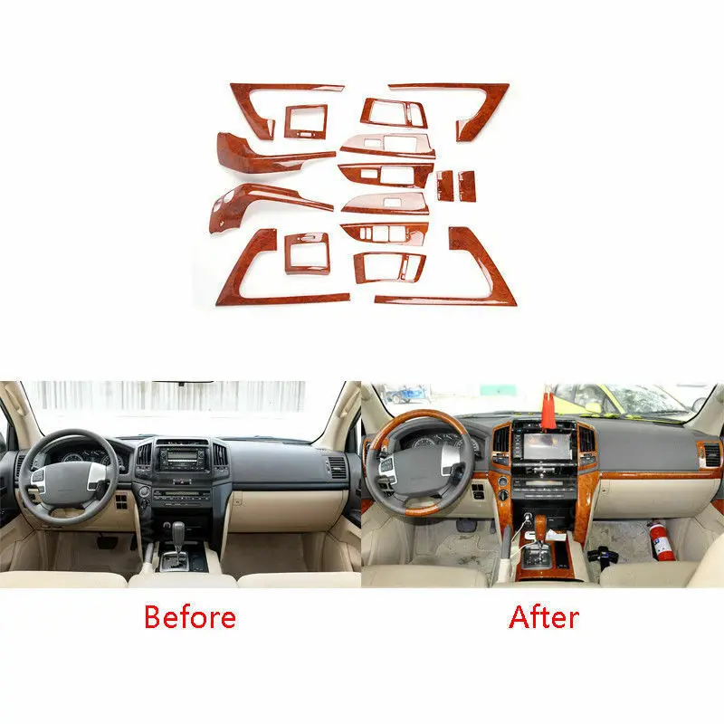 

Fit For Toyota Land Cruiser 2008-2015 Wood Grain Full Interior Dash Trim Kit Cover 16pcs