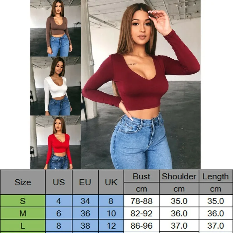 

Women Casual Solid Color Long Sleeeve Crop Top Fitness Sports Short T-shirts Brown Red White Wine Red Green shirts for women