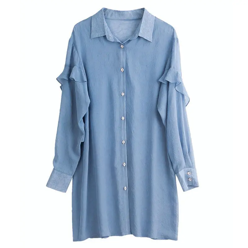

2021 Summer Long Sleeve Loose Cardigans Chiffon Blouse Women Solid Color Midi Shirts Women Beach Sun Protection Blouse Tops L496