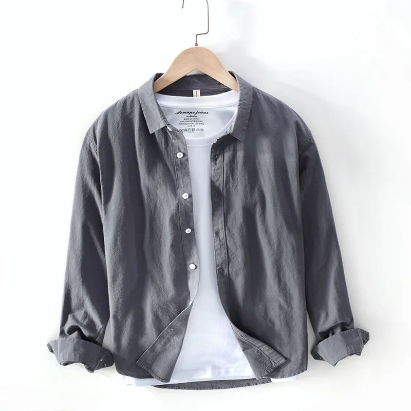 

Мужская Повседневная рубашка из чистого хлопка, однотонная винтажная Классическая рубашка с отложным воротником, Y3379