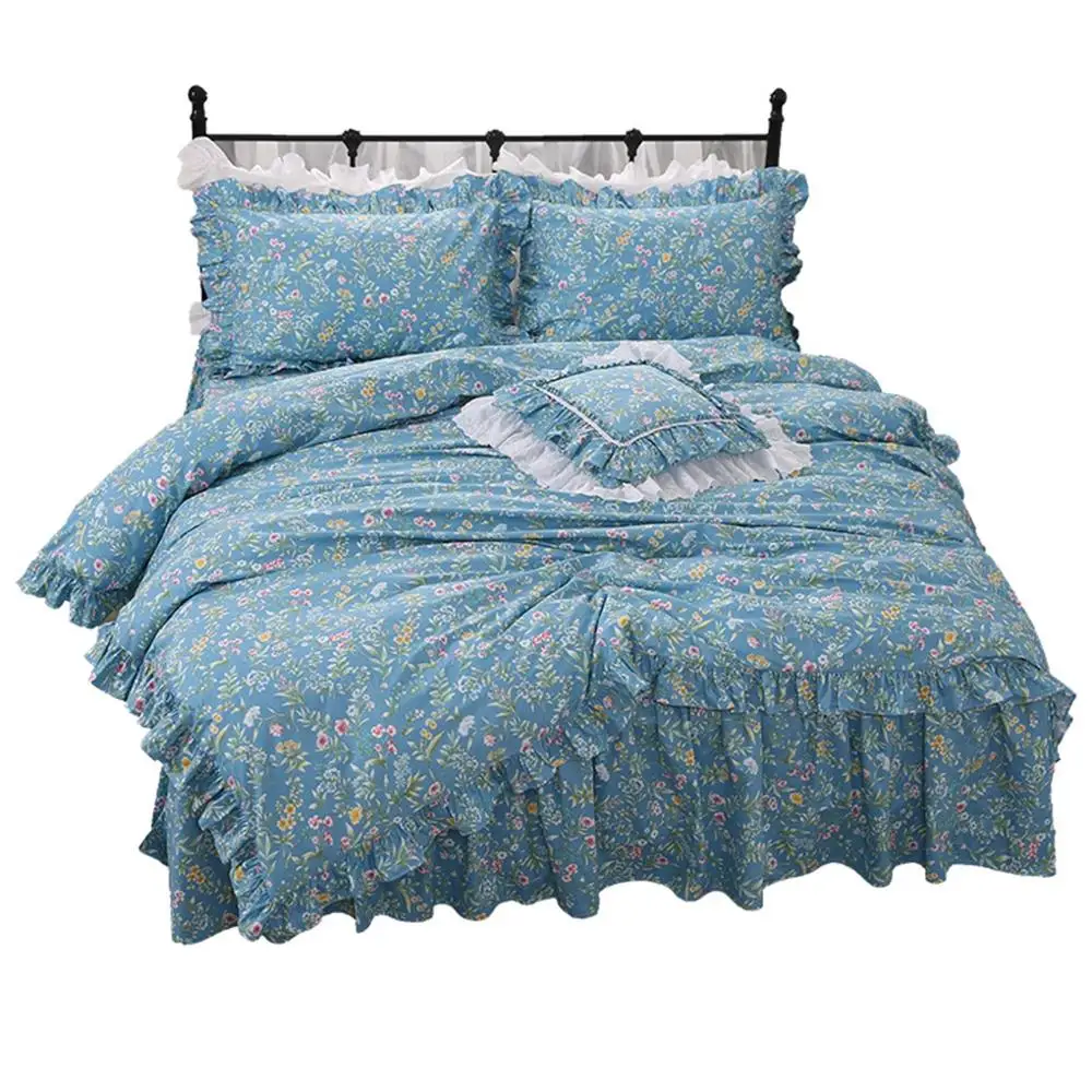 Принцесса пасторальный темно-зеленый Цветочный оборками роскошный комплект постельного белья Хлопок ropa de cama кровать юбка покрывала YYX