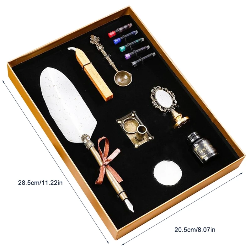 

Retro Quill Pen Set with 5 Ink Sacs/Wax Seal Stick/Candle/Seal Stamp/Copper Spoon/Pen Base Holder/Ink Bottle Great Gifts