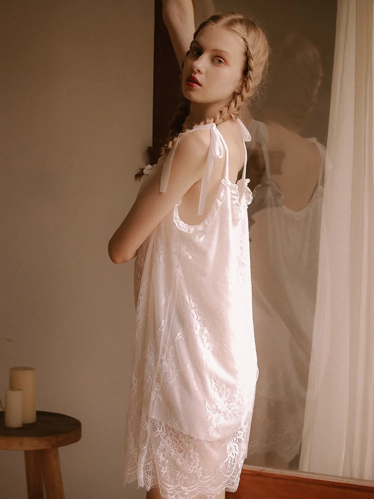 

Spring and Summer Sexy Lace Nightdress Women Straps Lolita Underwear Double Strap Women Lingerie Nightgown Sleepwear White