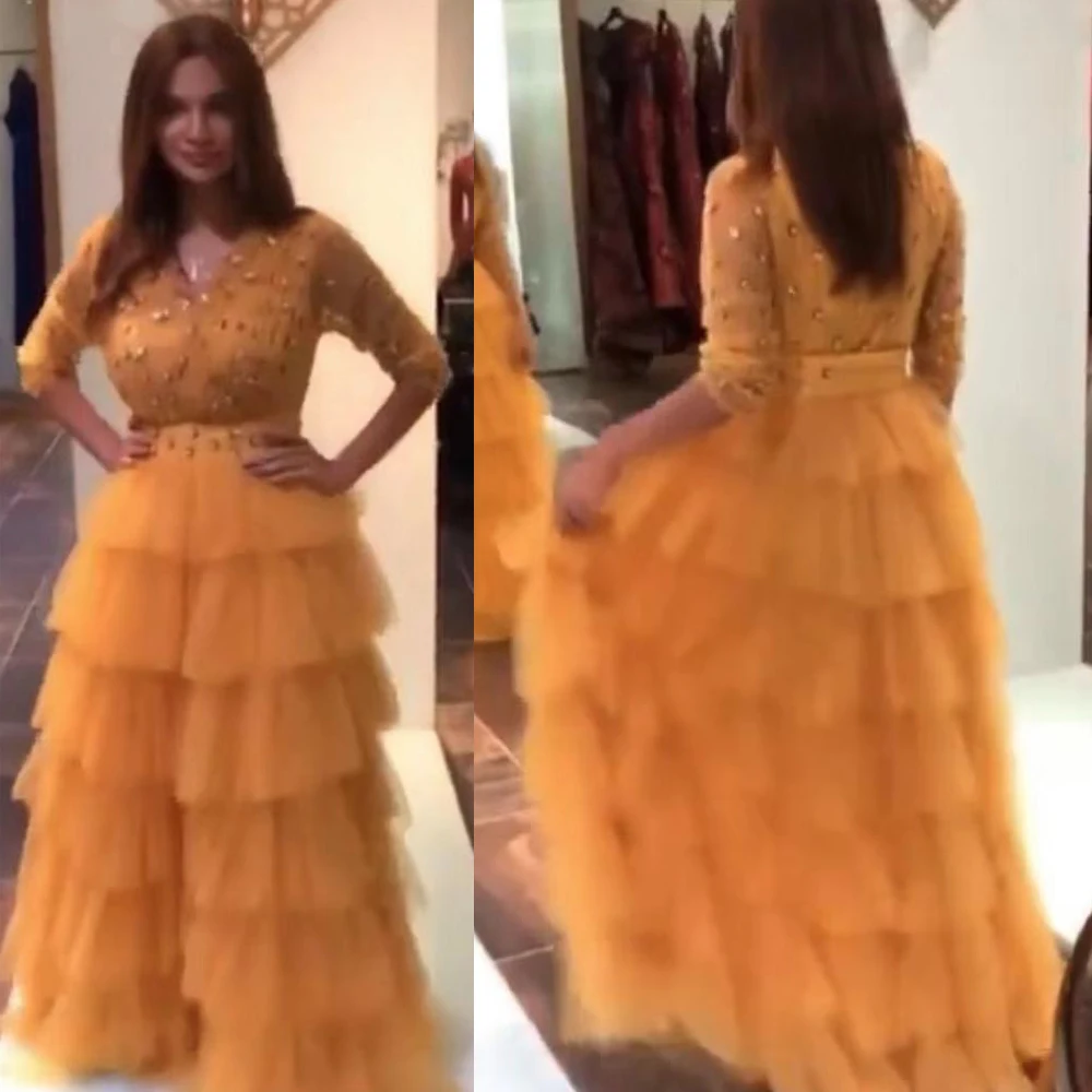 

orange prom dresses 2020 long sleeve beading crystal v neck tiered ruffle tulle evening dresses formal dress