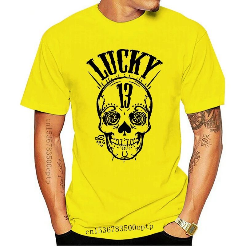 

Lucky 13 T-Shirt Men Cartoon Skull Print Awesome Funny T Shirt Short Sleeve Classic Tee Shirt 100% Cotton T Shirts Wholesale
