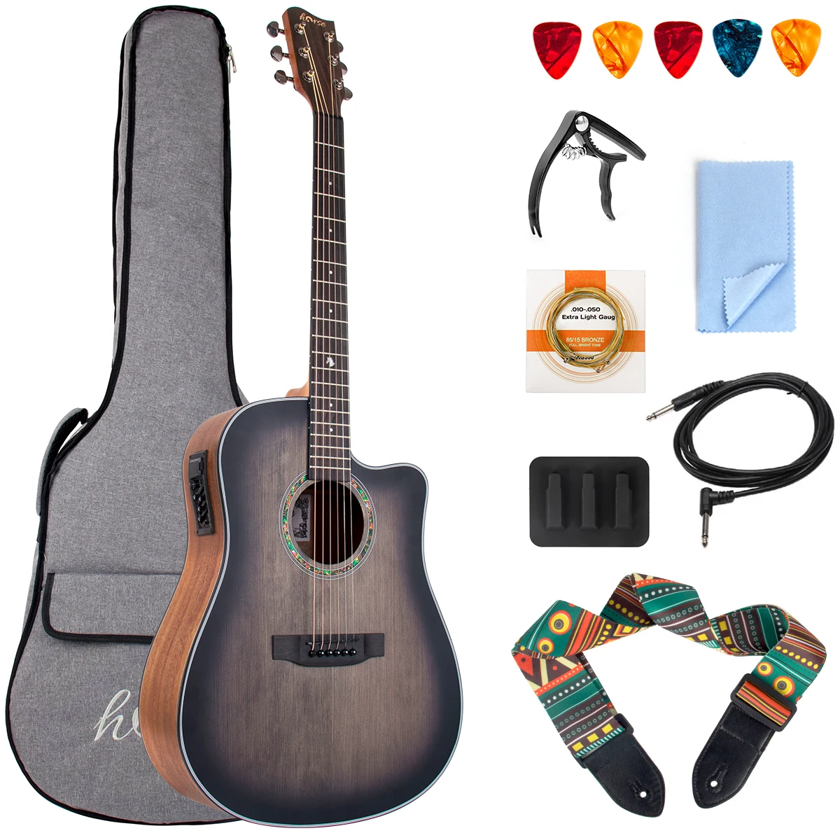 

Lotmusic 41 Inch Acoustic-Electric Guitar Professional Cutaway Folk Guitarra Bundle Top Spruce 6 Metal Strings with Beginner Kit