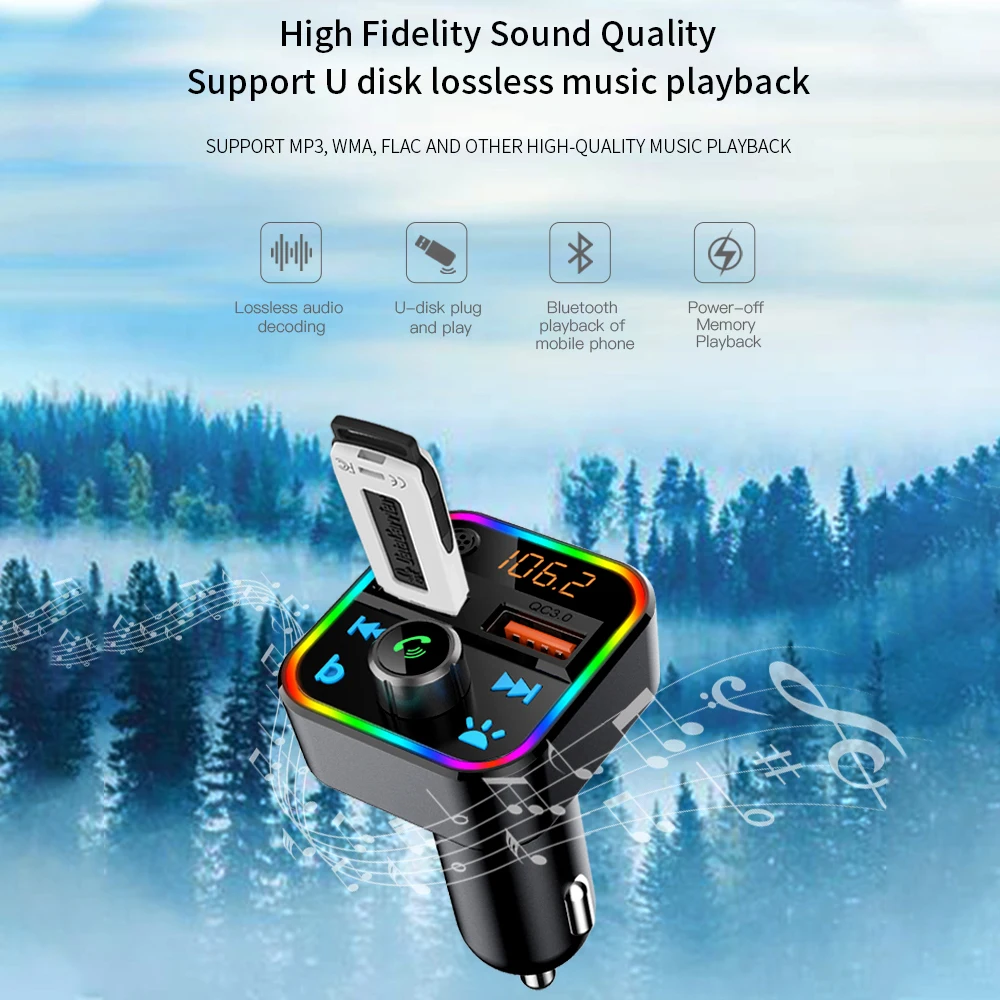 

Wireless Car BT5.0 FM Radio Adapter Transmitter With QC3.0 USB Phone Charge LED Support For Siri Google Assitant U Disk SD Card