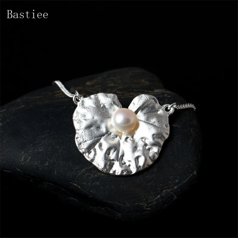 

Bastiee Lotus Leaf Pearl Necklace Pendant Gifts Silver 925 Jewelry For Women Vintage Link Chain