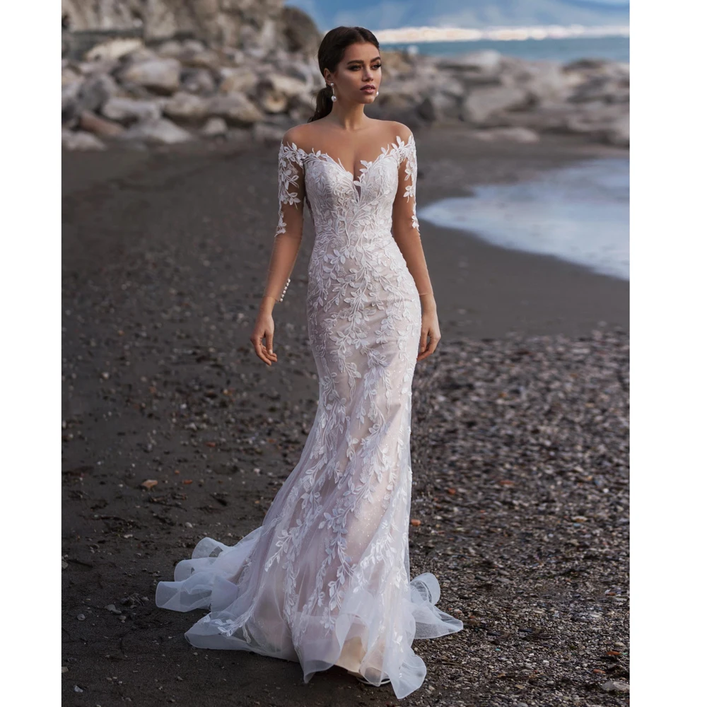 

Boat Neck Vestido De Noiva Luxury lace Embroidery Mermaid Bride Wedding Dress 2021 new Bridal Gown Sexy backless Robe de mariee