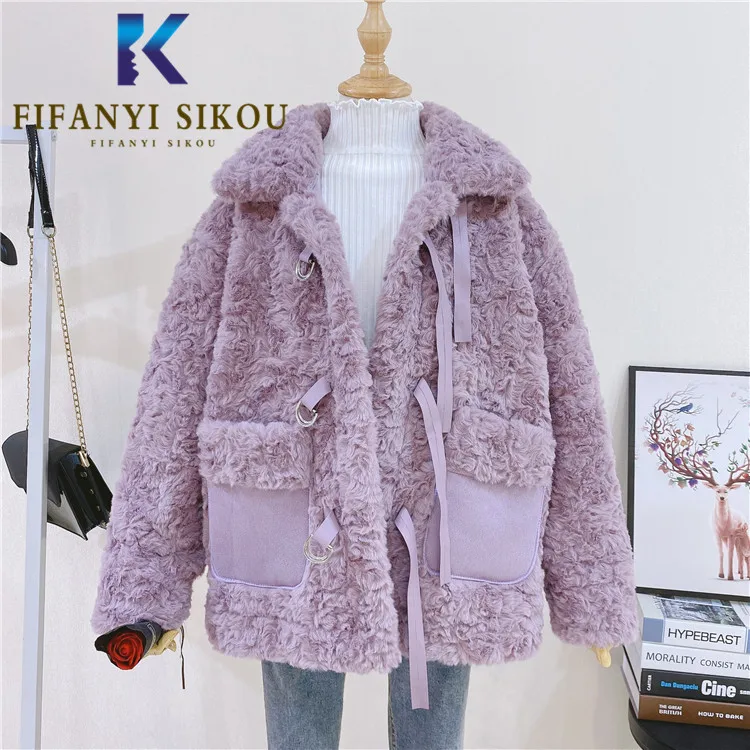 

Faux Lamb Fur Jacket Women High Quality Winter Coat Fashion Pocket Loose Casual Faux Fur Coat Thick Warm Plush Coats Female