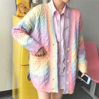 rainbow knitted cardigan women autumn winter button long cardigan female korea style sweet kawaii sweater coat female 2022 cute
