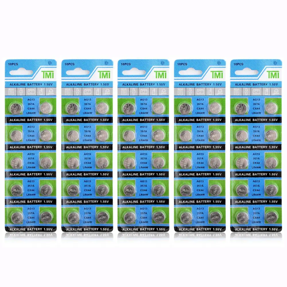 50 шт./лот AG13 LR44 LR1154 SR44 A76 357A 303 357 батарейки с щелочными кнопками 1 55 в для часов