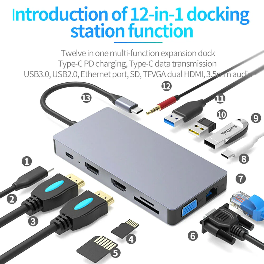 

tebe 12 IN 1 USB C HUB Type-c To Dual HDMI Display Docking station RJ45/VGA/TF/SD/USB3.0/2.0/2*Type-c For Mac HP Type c Splitter