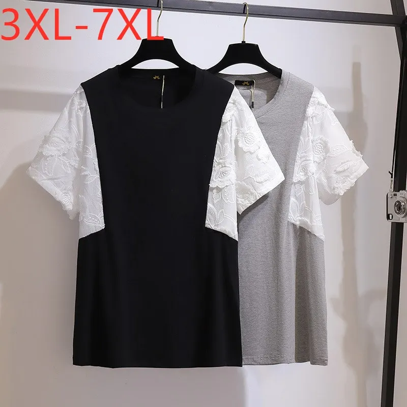 

New 2021 Ladies Summer Plus Size Tops For Women Large Short Sleeve Loose Cotton Floral Embroidery T-shirt 3XL 4XL 5XL 6XL 7XL