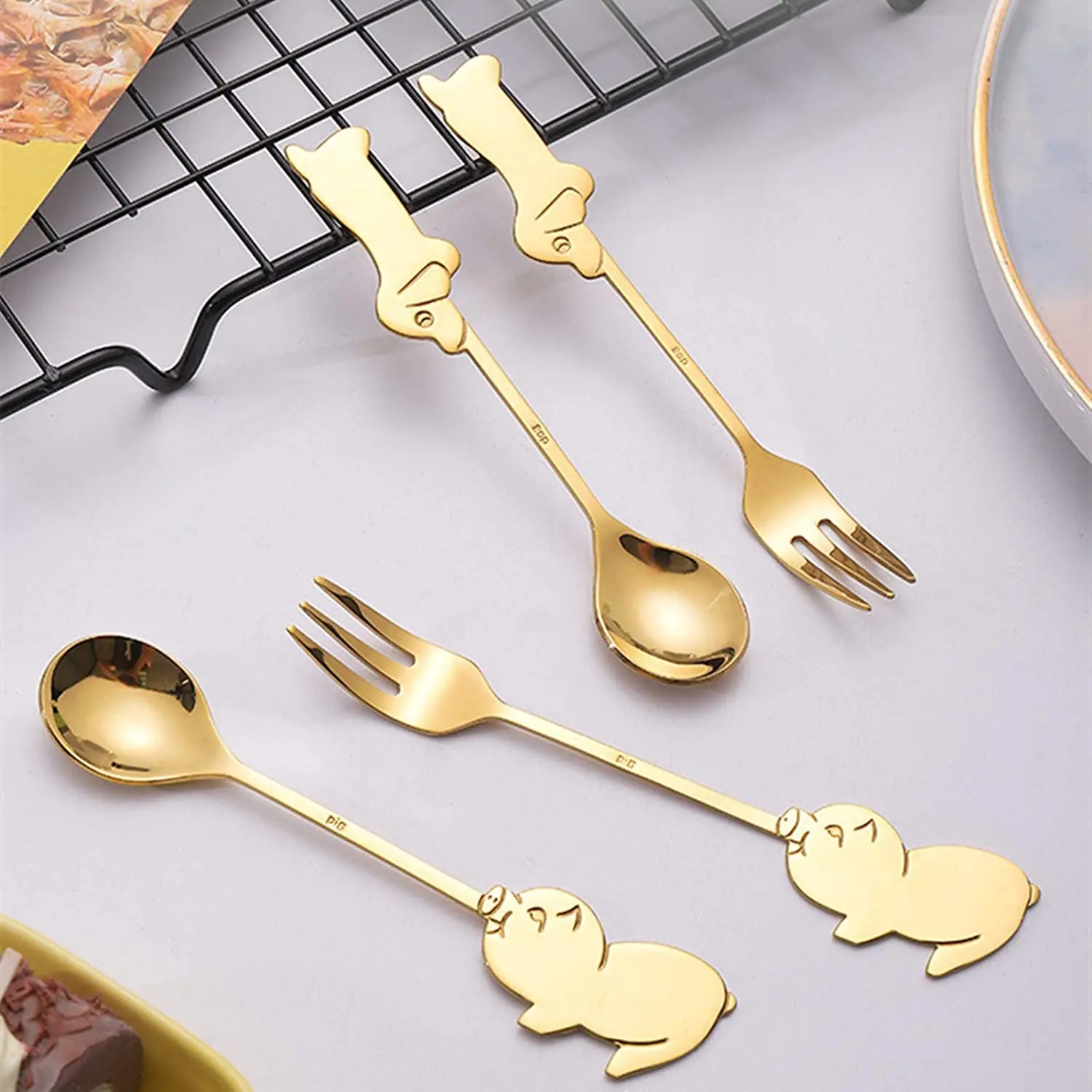 4PCS Dessert Spoons Snack Forks Stainless Steel Animals Pig Dog Creative Coffee Spoon Honey Stirring Mixing Spoons Fork Set