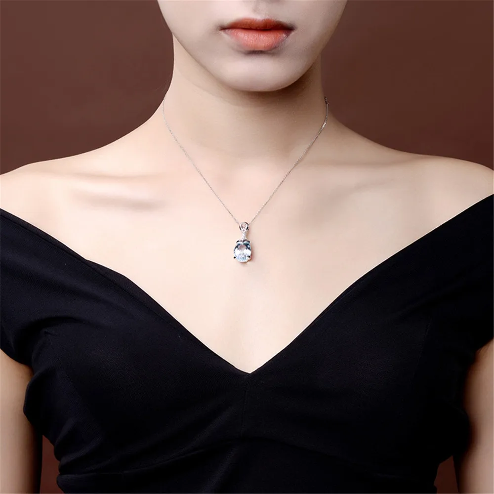 Aquamarine blue crystal pendant necklace for women white gold silver color choker zircon diamonds gemstones bijoux jewelry gift | Украшения